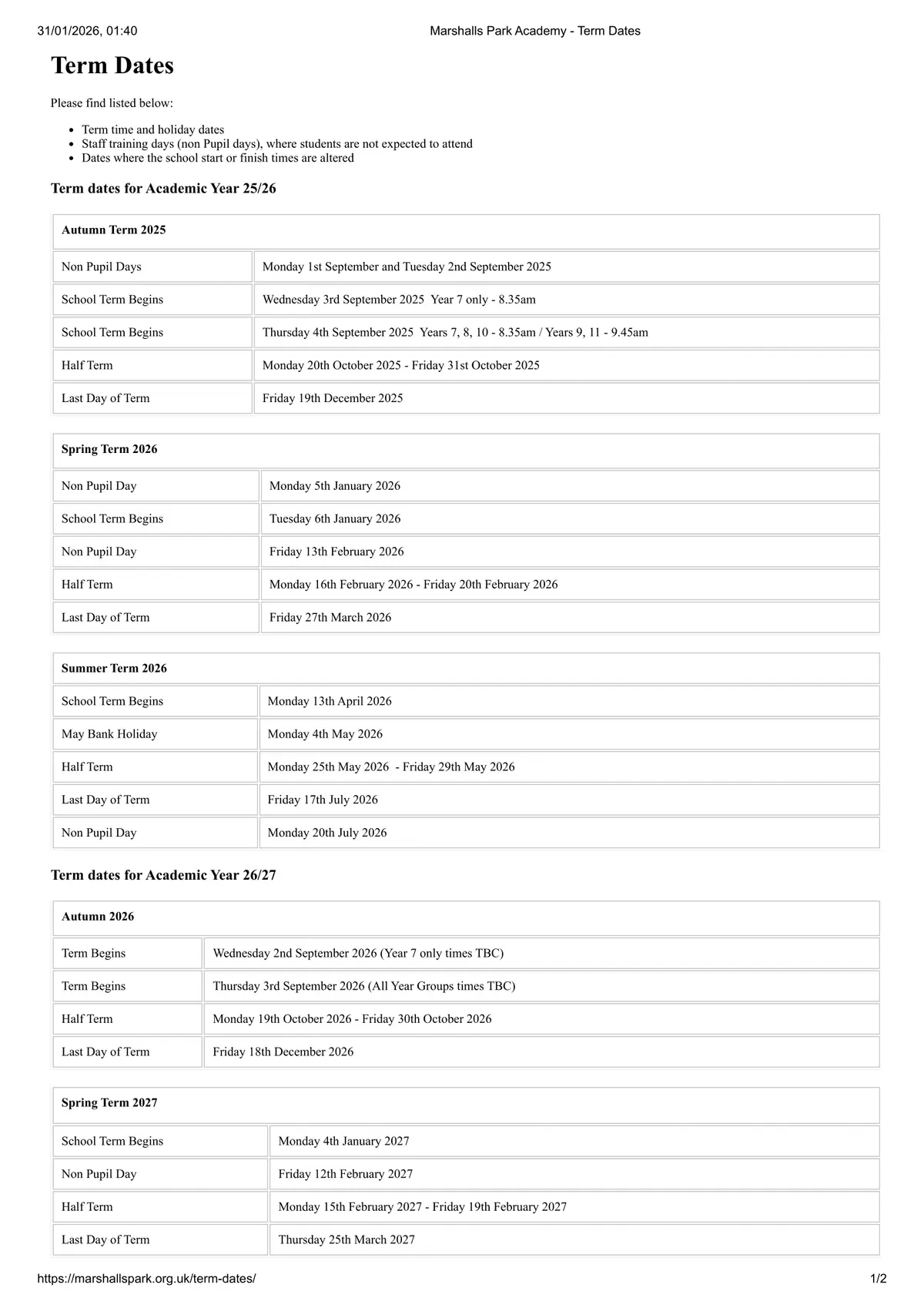Marshalls Park Academy term dates