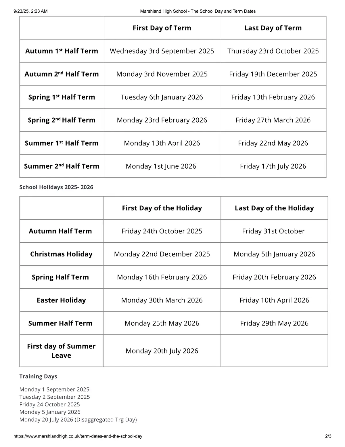 Marshland High School term dates