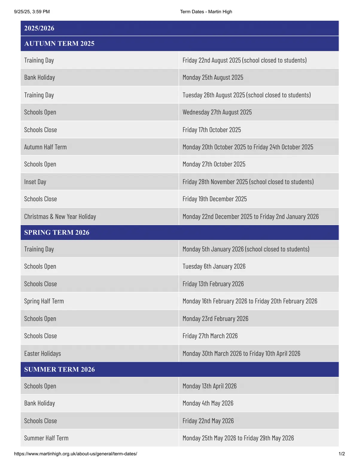 The Martin High School Anstey term dates