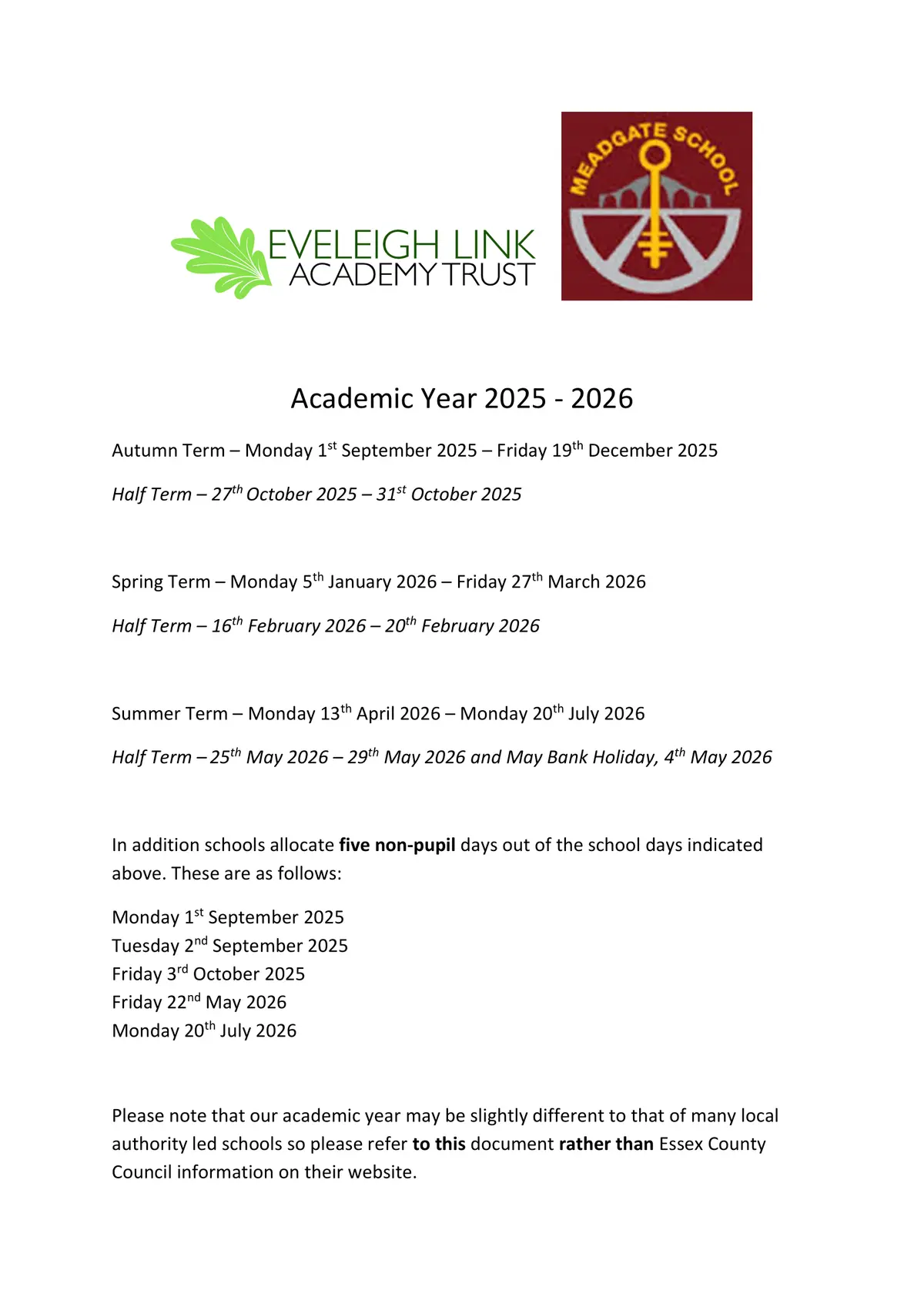 Meadgate Primary School term dates