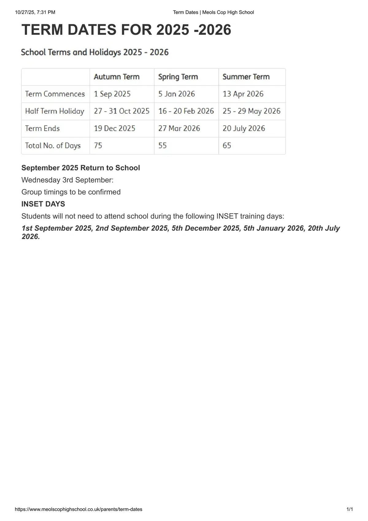 Meols Cop High School term dates