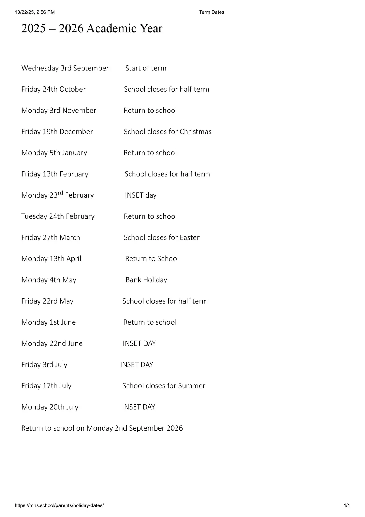 Middlewich High School term dates