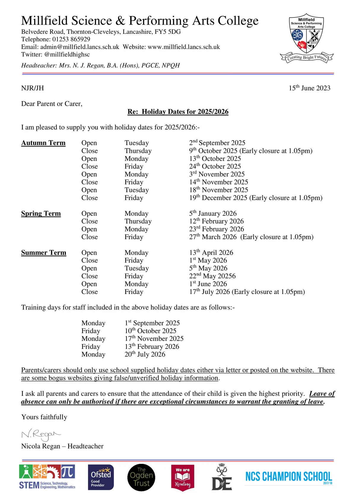 Millfield Science & Performing Arts College term dates