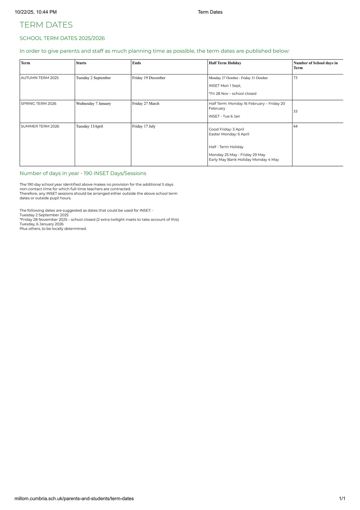 Millom School term dates
