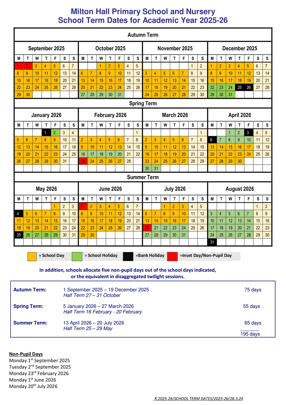 Milton Hall Primary School and Nursery term dates