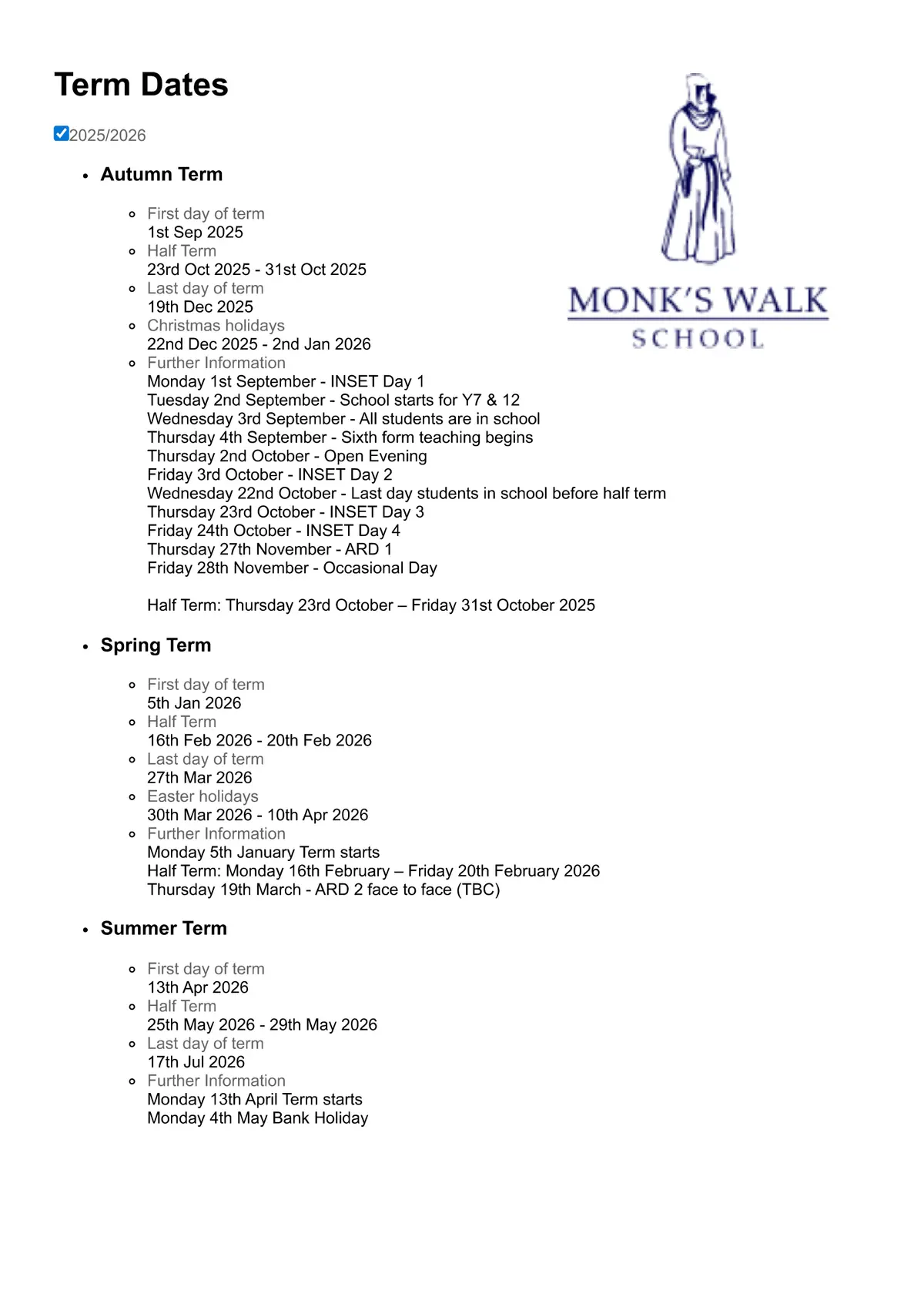 Monk's Walk School term dates