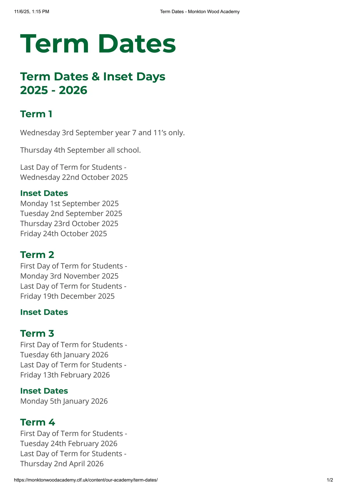Monkton Wood Academy term dates