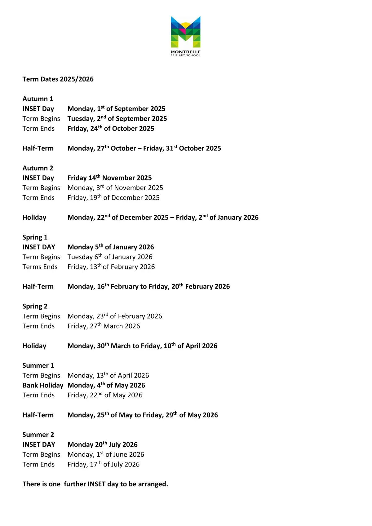 Montbelle Primary School term dates