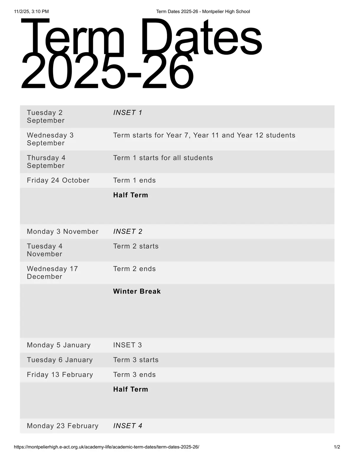 E-Act Montpelier High School term dates