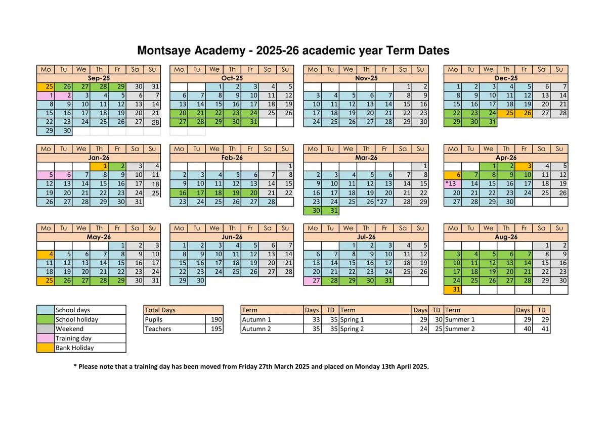 Montsaye Academy term dates