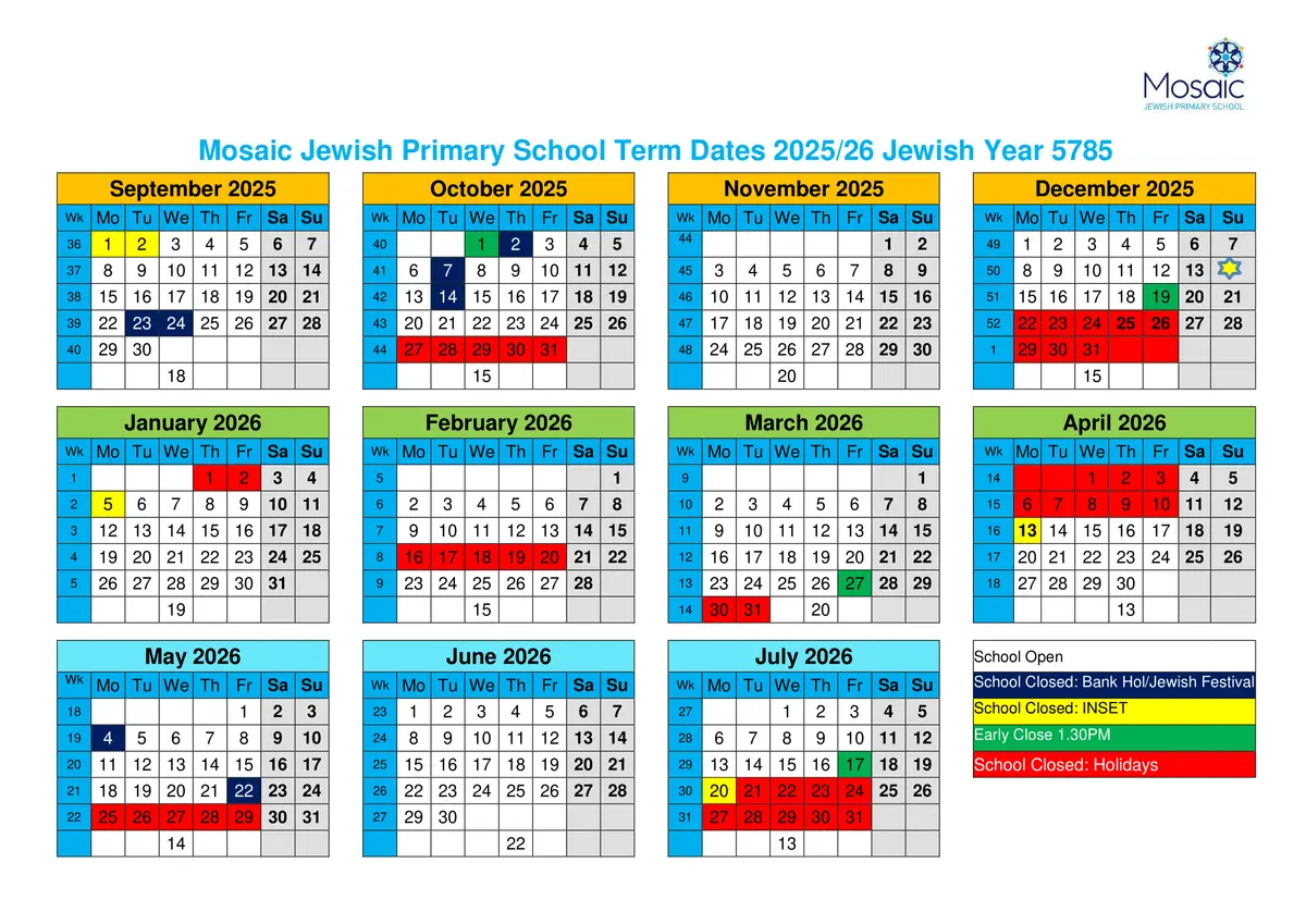 Mosaic Jewish Primary School term dates