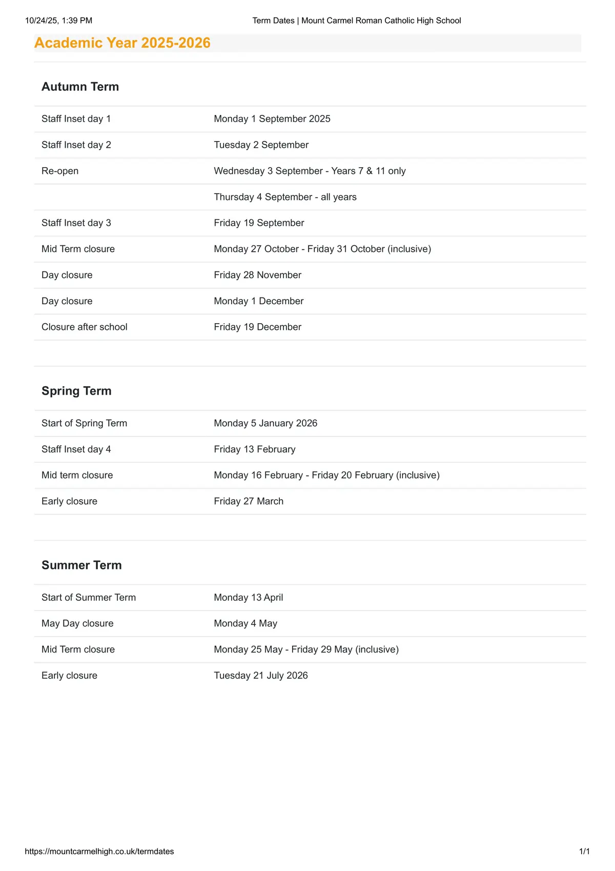 Mount Carmel Roman Catholic High School, Hyndburn term dates