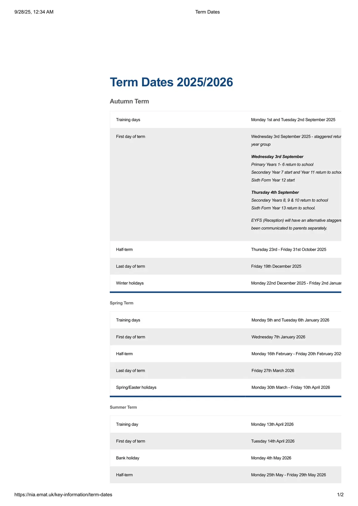 Northampton International Academy term dates