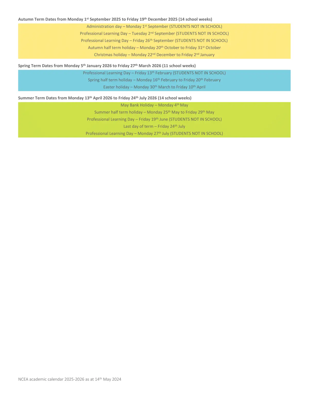 The National CofE Academy term dates
