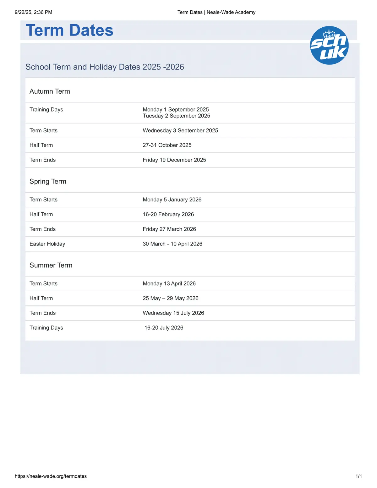 Neale-Wade Academy term dates