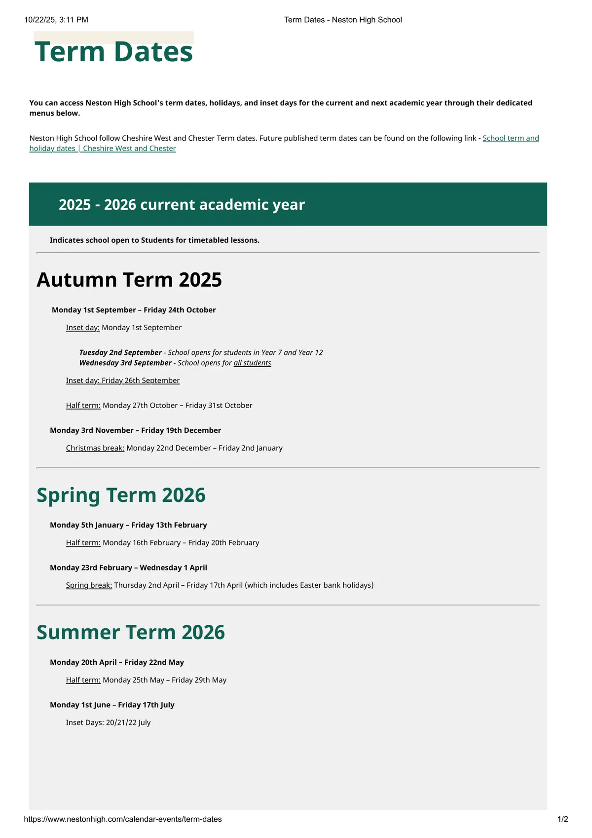 Neston High School term dates