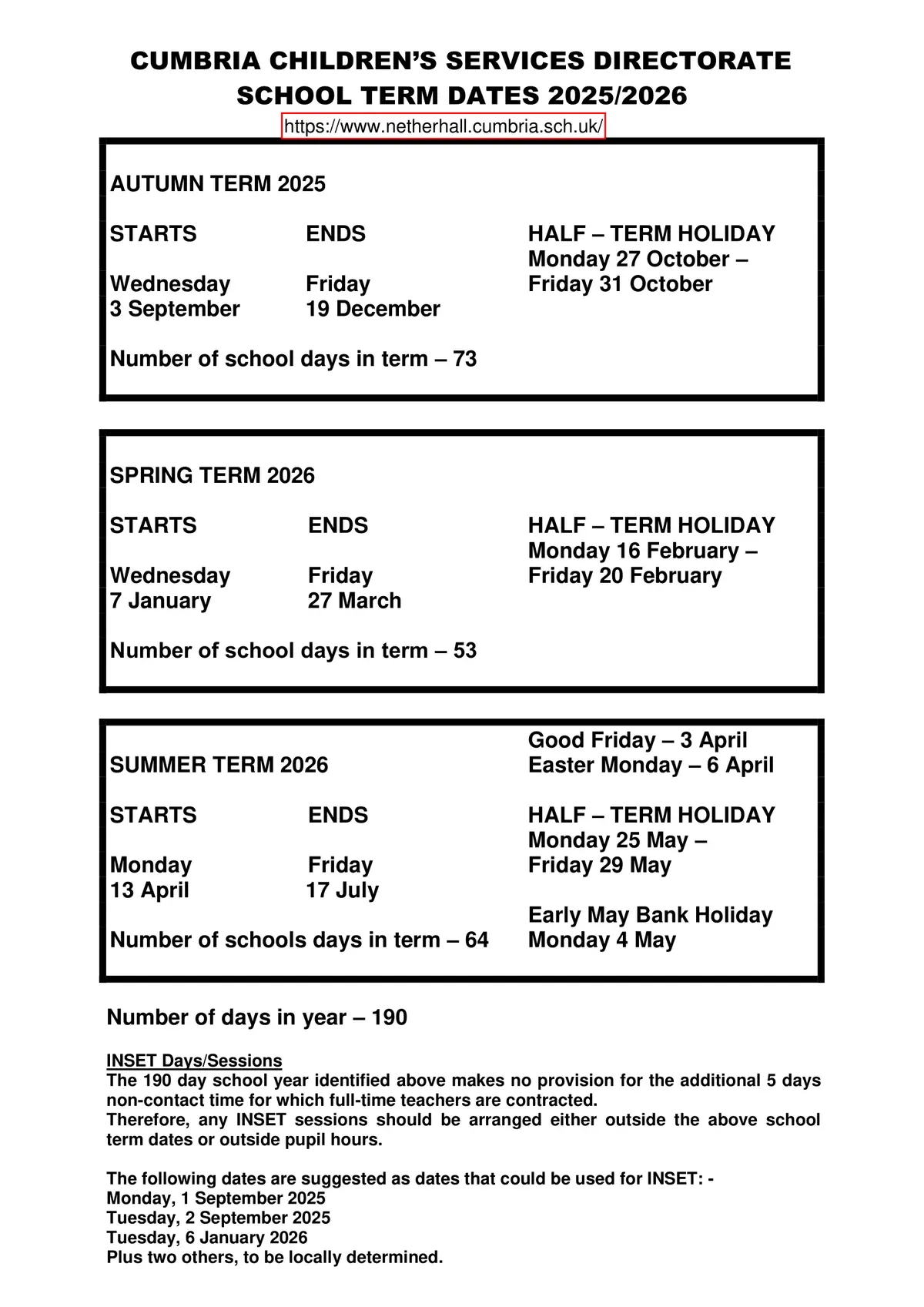 Netherhall School term dates
