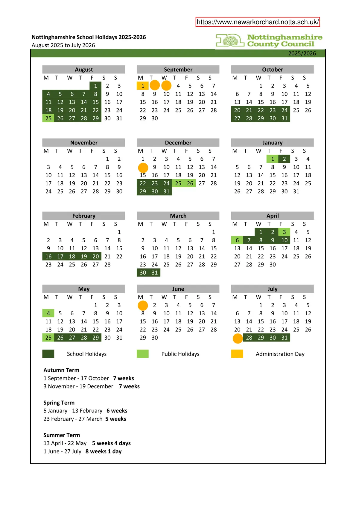 Newark Orchard School term dates
