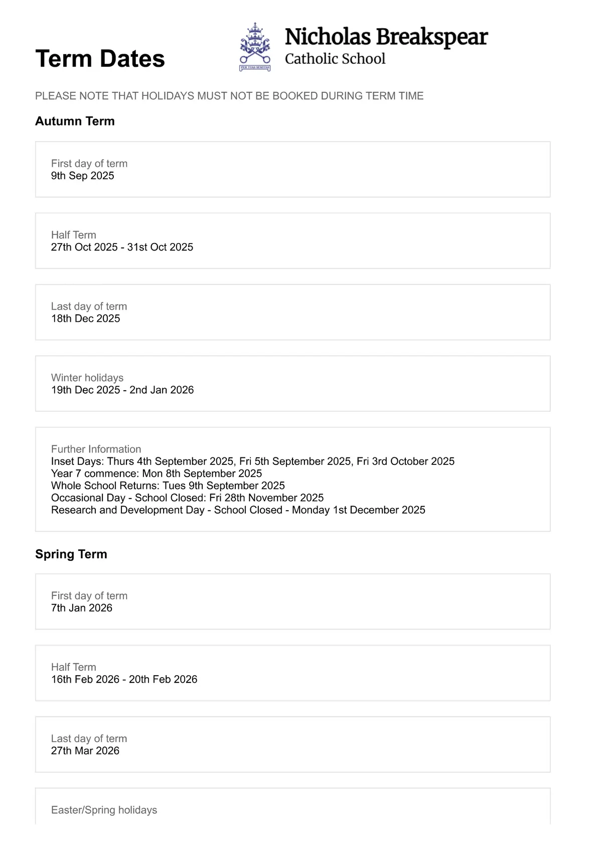 Nicholas Breakspear Catholic School term dates