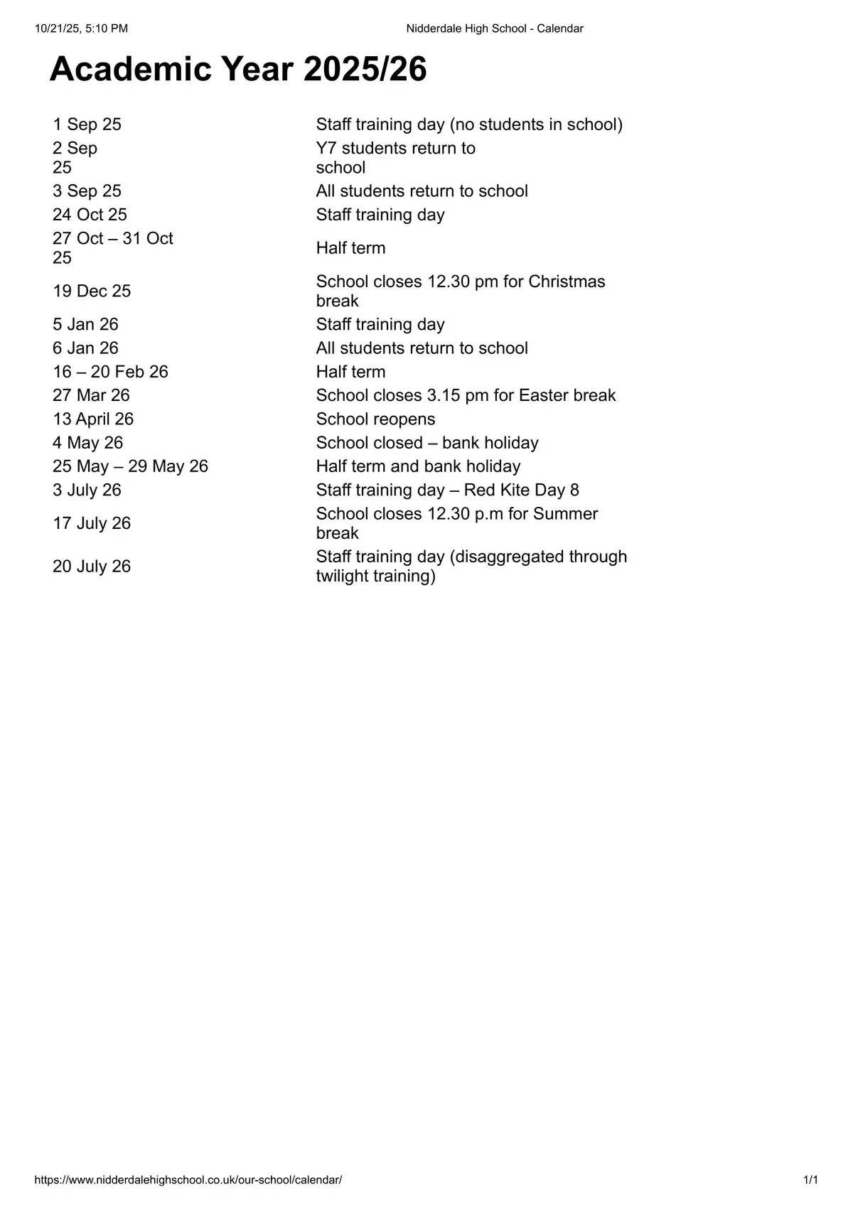 Nidderdale High School term dates
