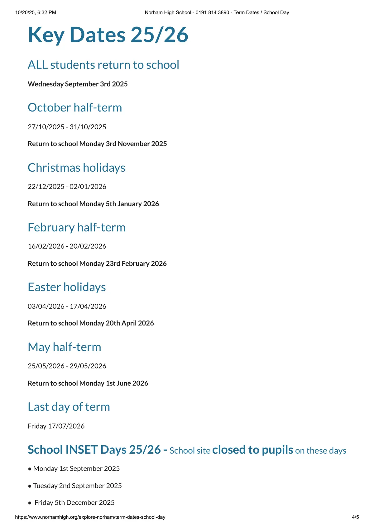 Norham High School term dates