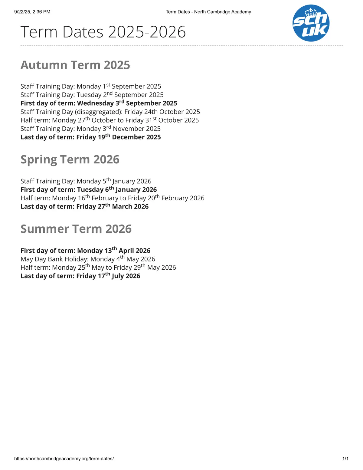 North Cambridge Academy term dates