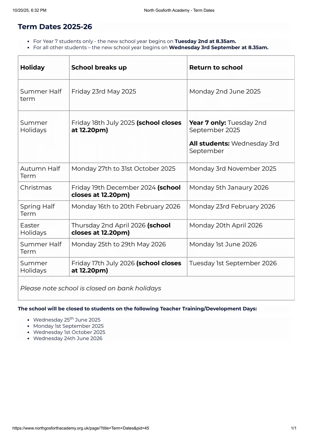 North Gosforth Academy term dates