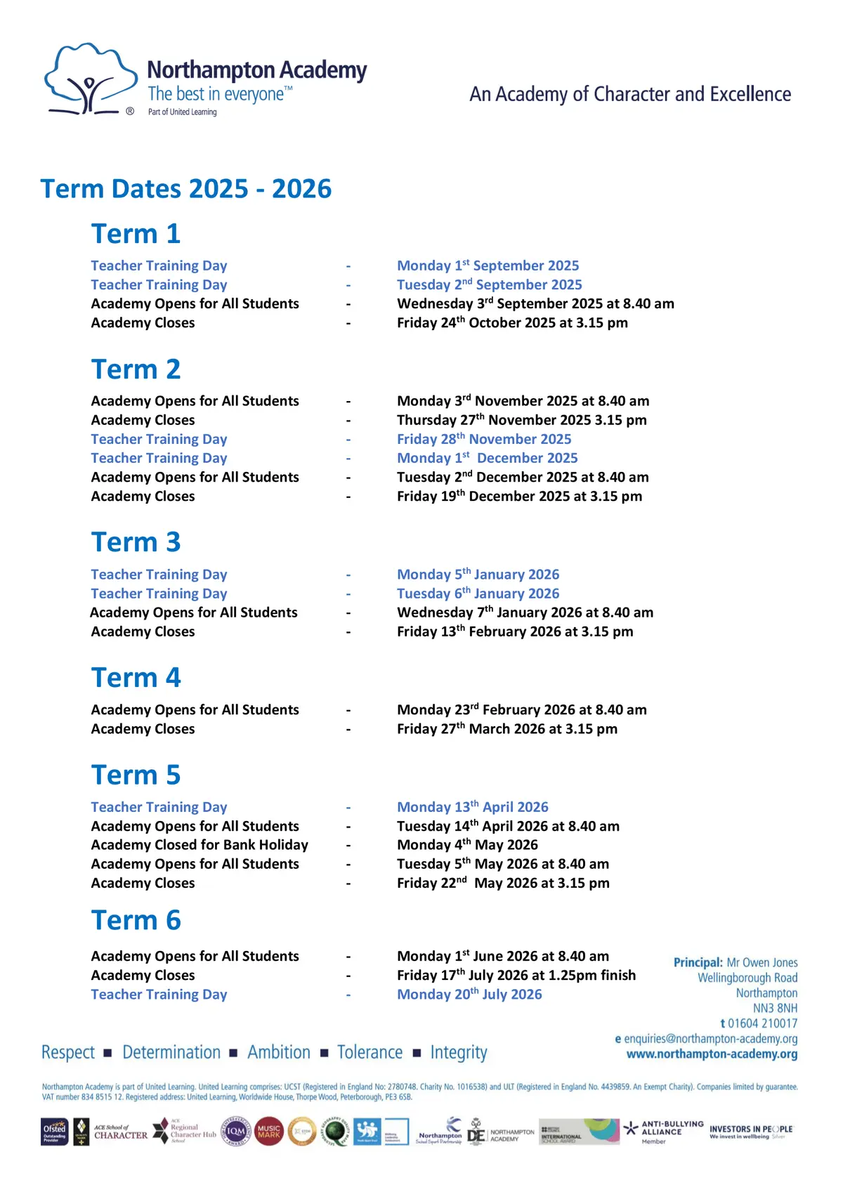 Northampton Academy term dates