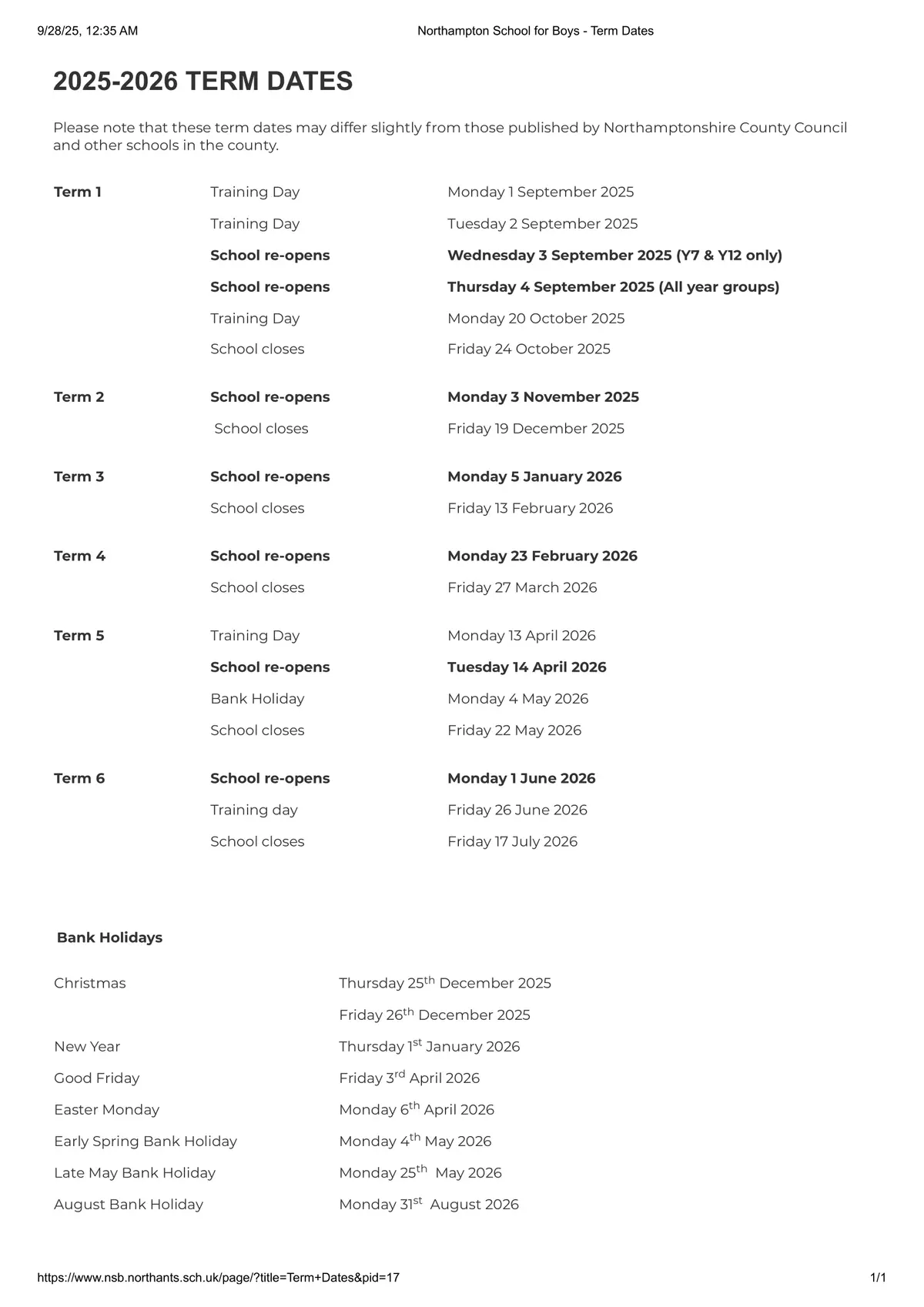 Northampton School for Boys term dates