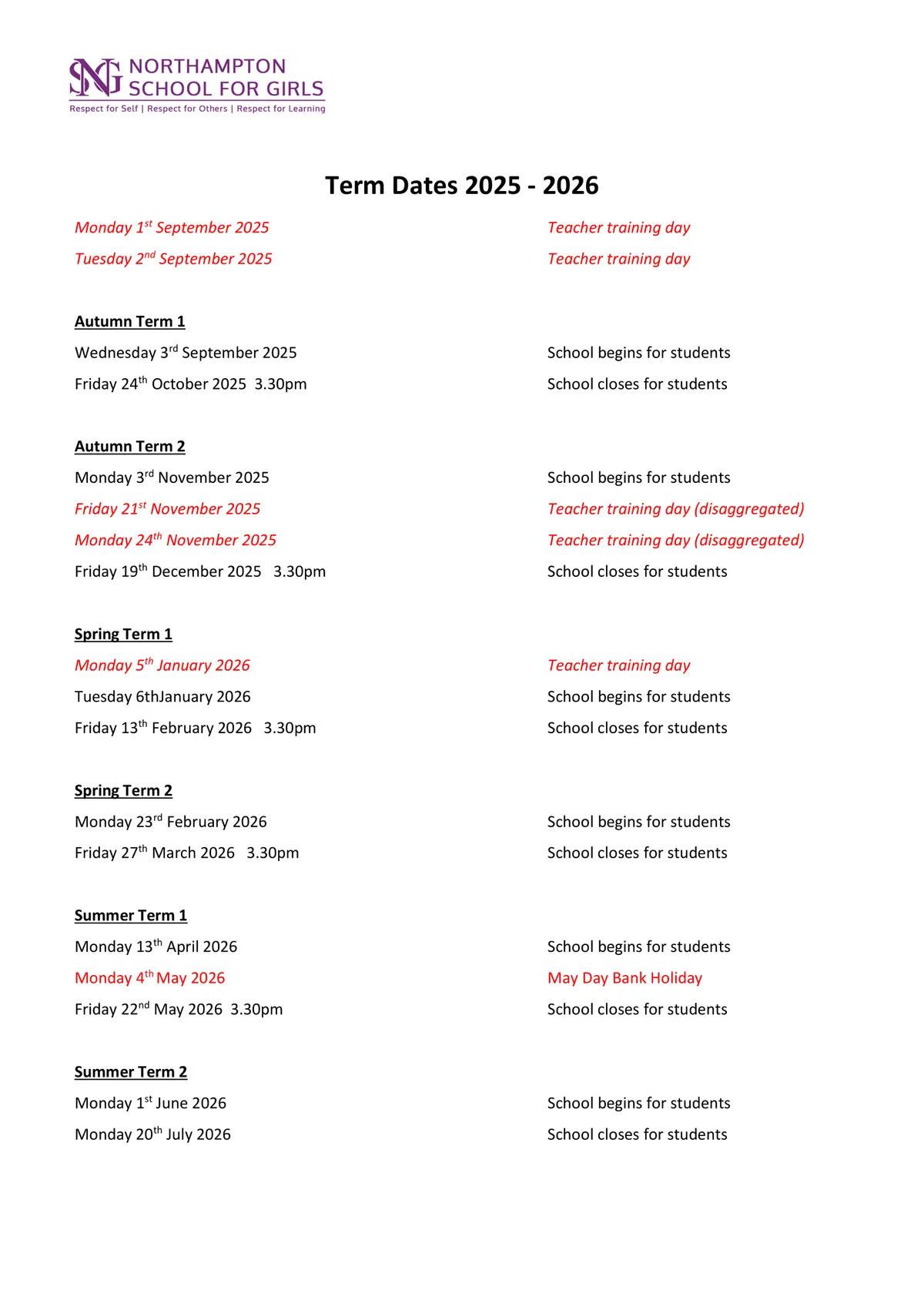 Northampton School for Girls term dates