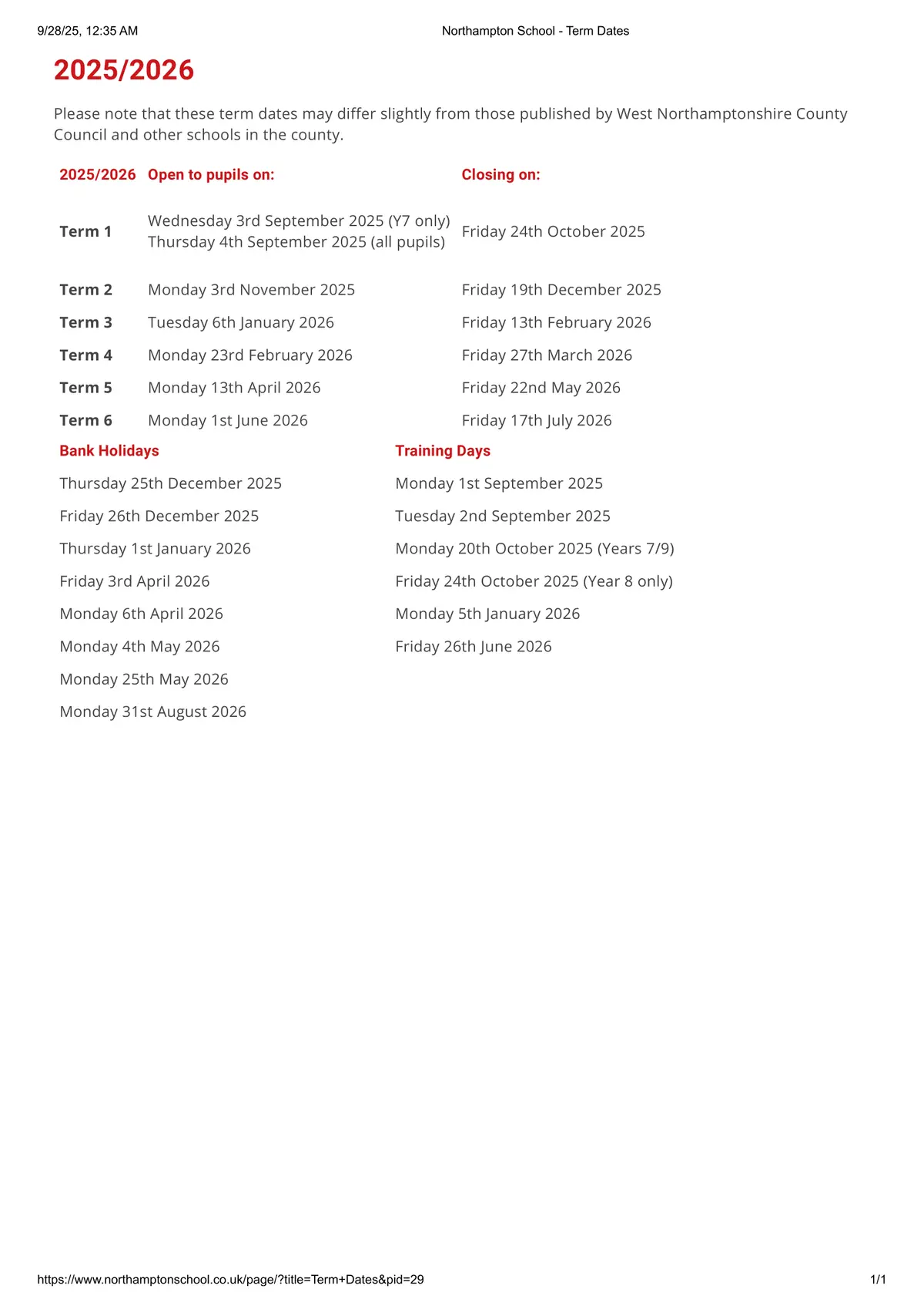 Northampton School term dates