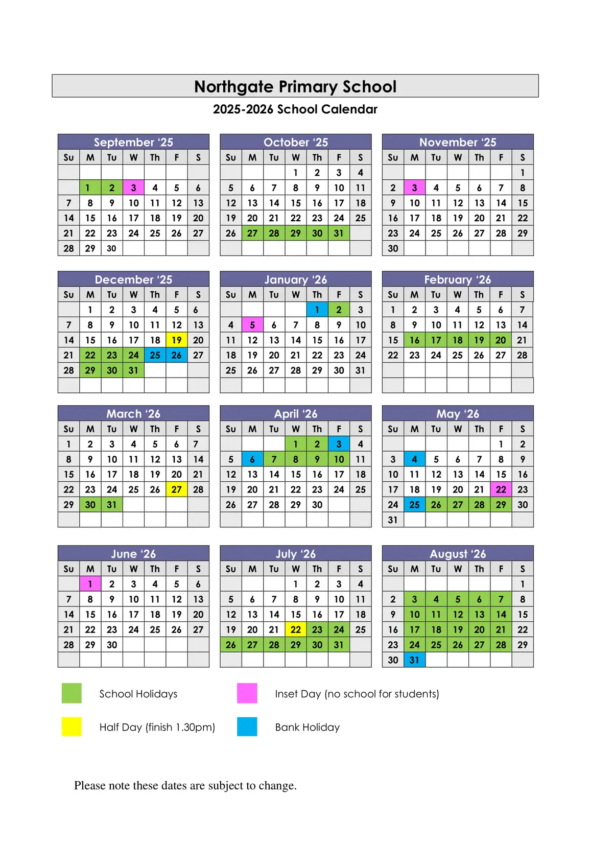 Northgate Primary School term dates
