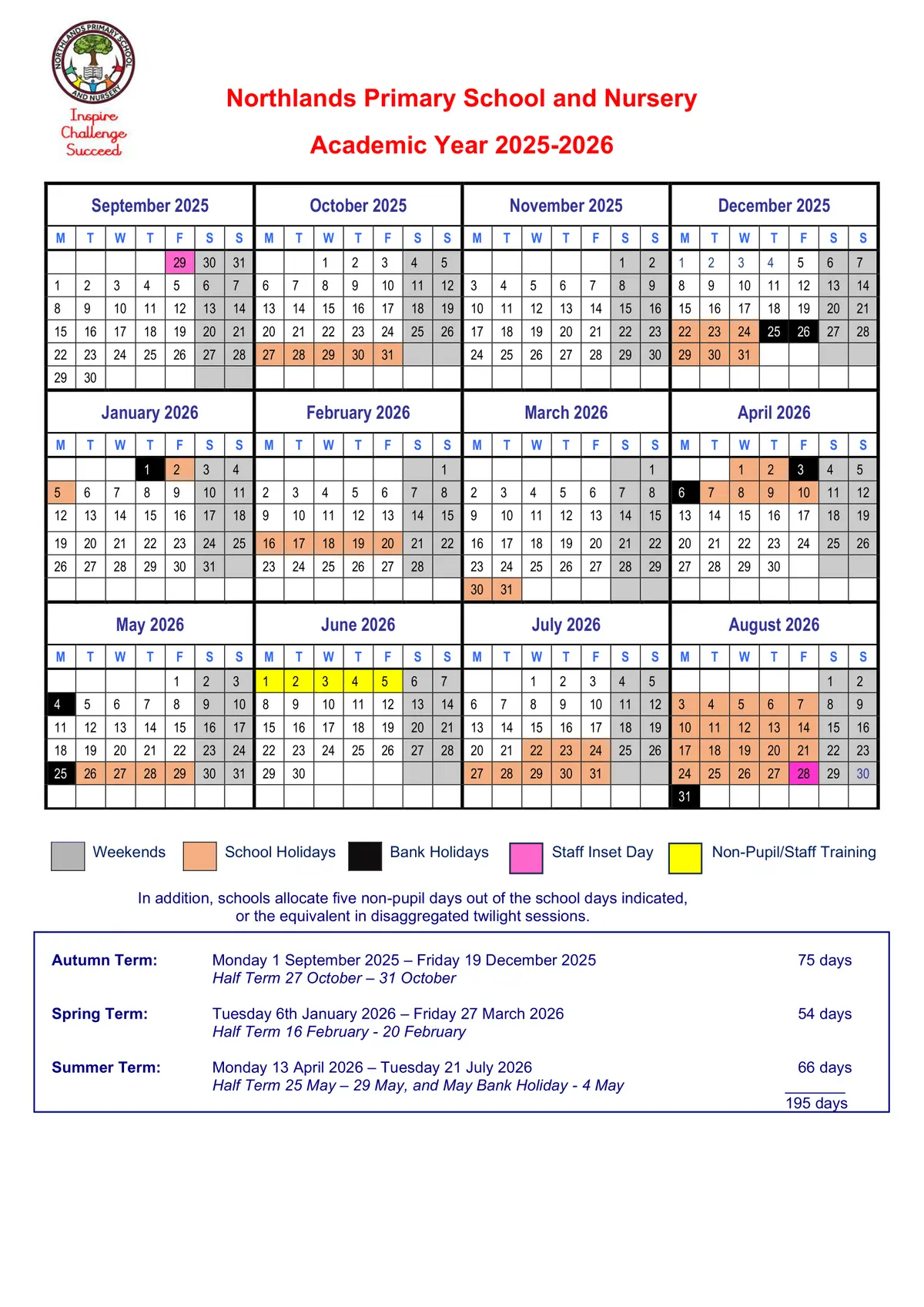 Northlands Primary School and Nursery term dates