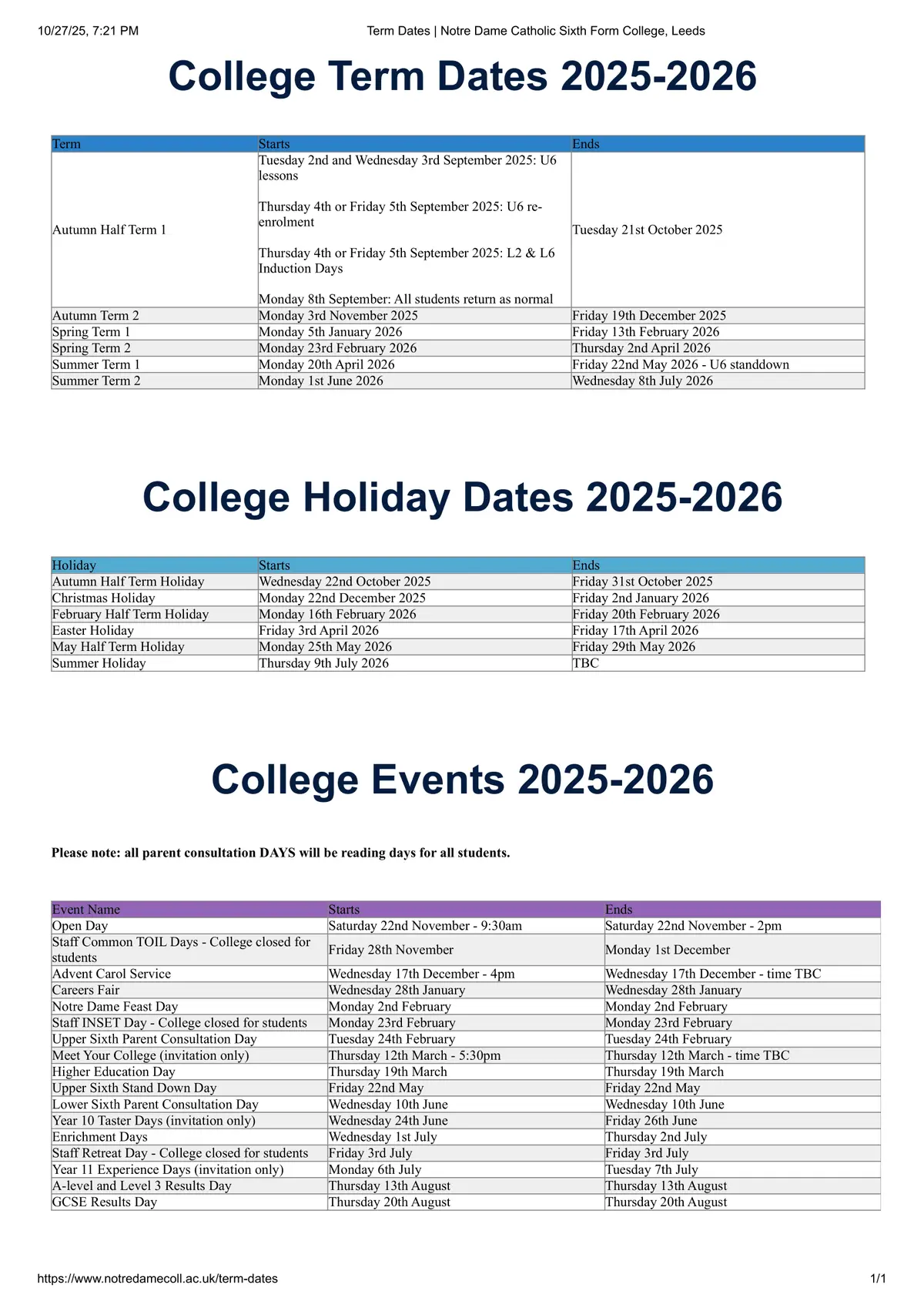 Notre Dame Catholic Sixth Form College term dates
