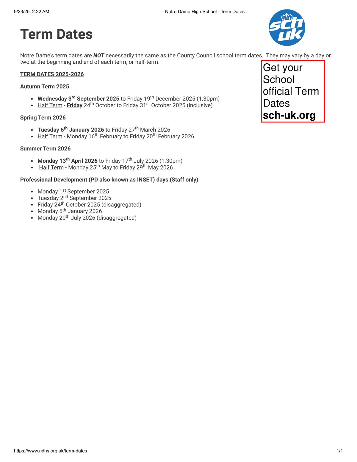 Notre Dame High School term dates