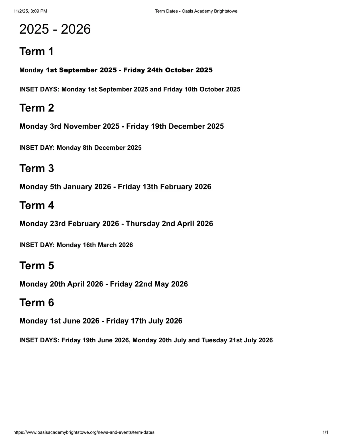 Oasis Academy Brightstowe term dates