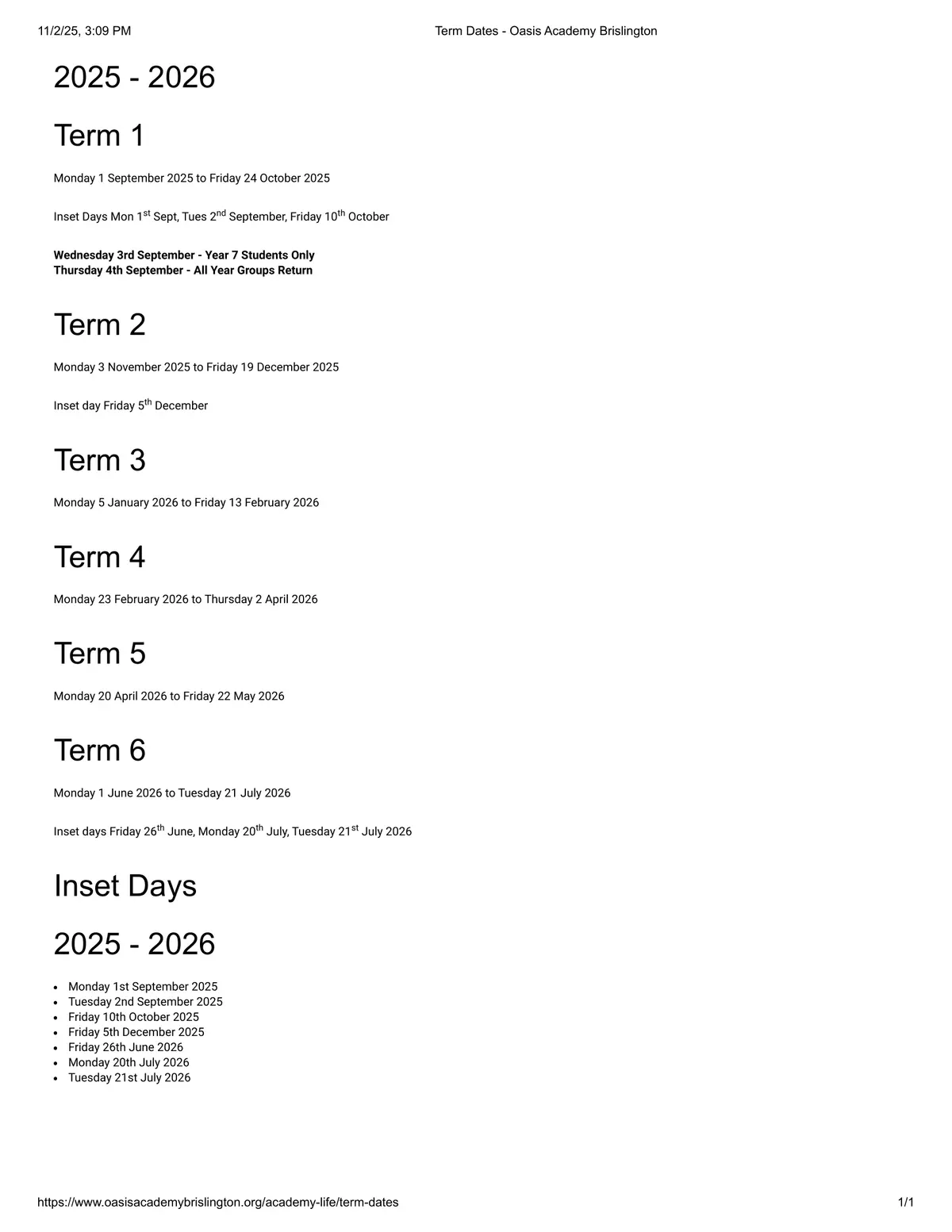 Oasis Academy Brislington term dates