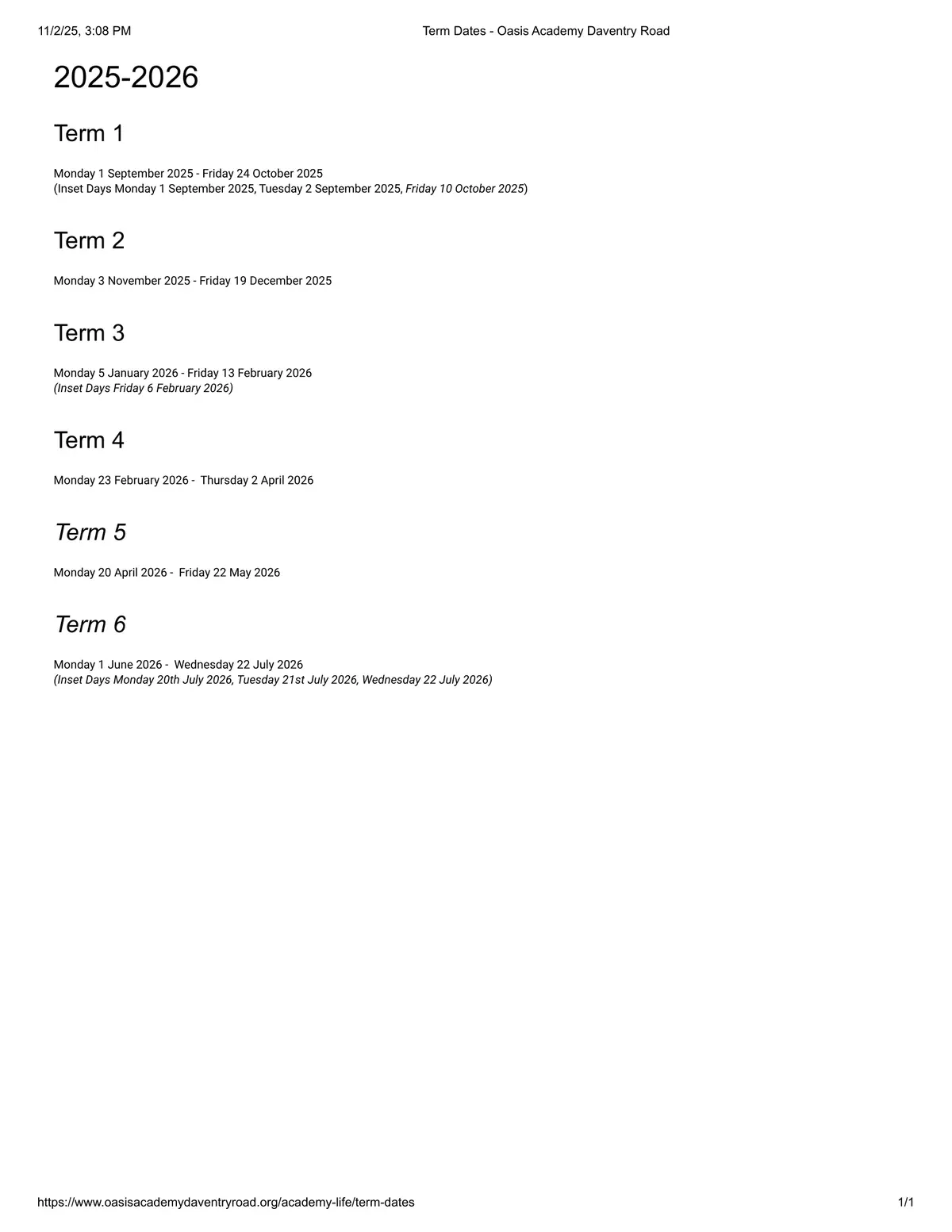 Oasis Academy Daventry Road term dates