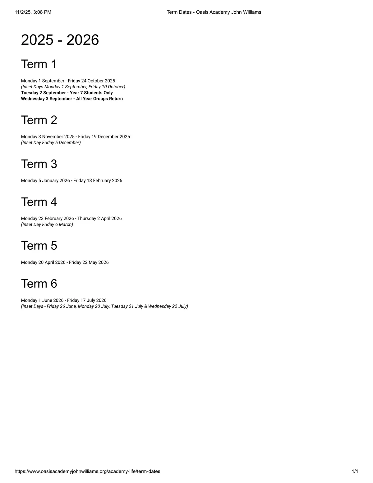Oasis Academy John Williams term dates
