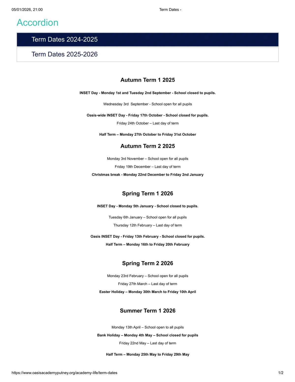Oasis Academy Putney term dates