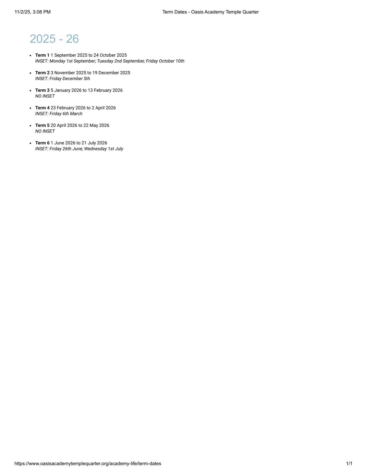 Oasis Academy Temple Quarter term dates