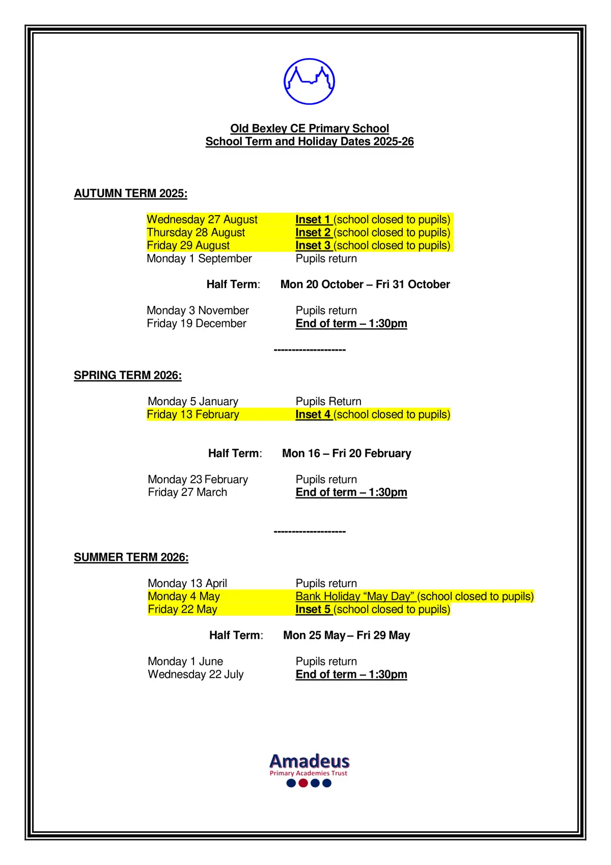 Old Bexley Church of England School term dates