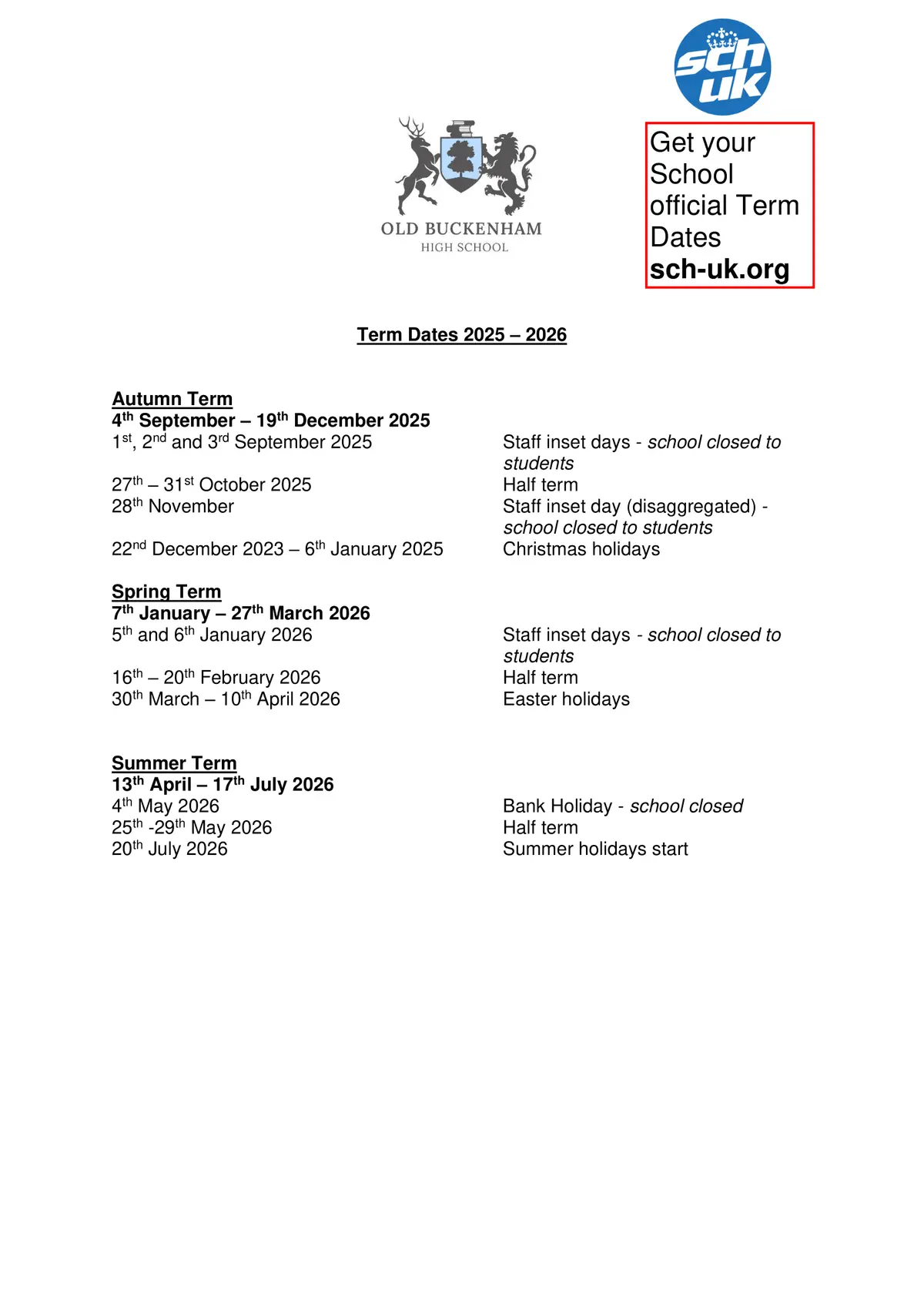 Old Buckenham High School term dates