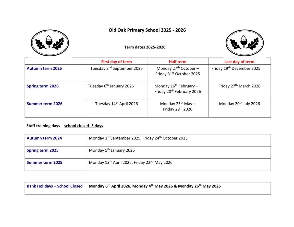 Old Oak Primary School term dates