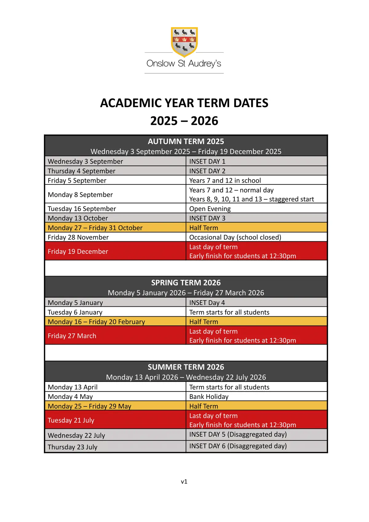 Onslow St Audrey's School term dates