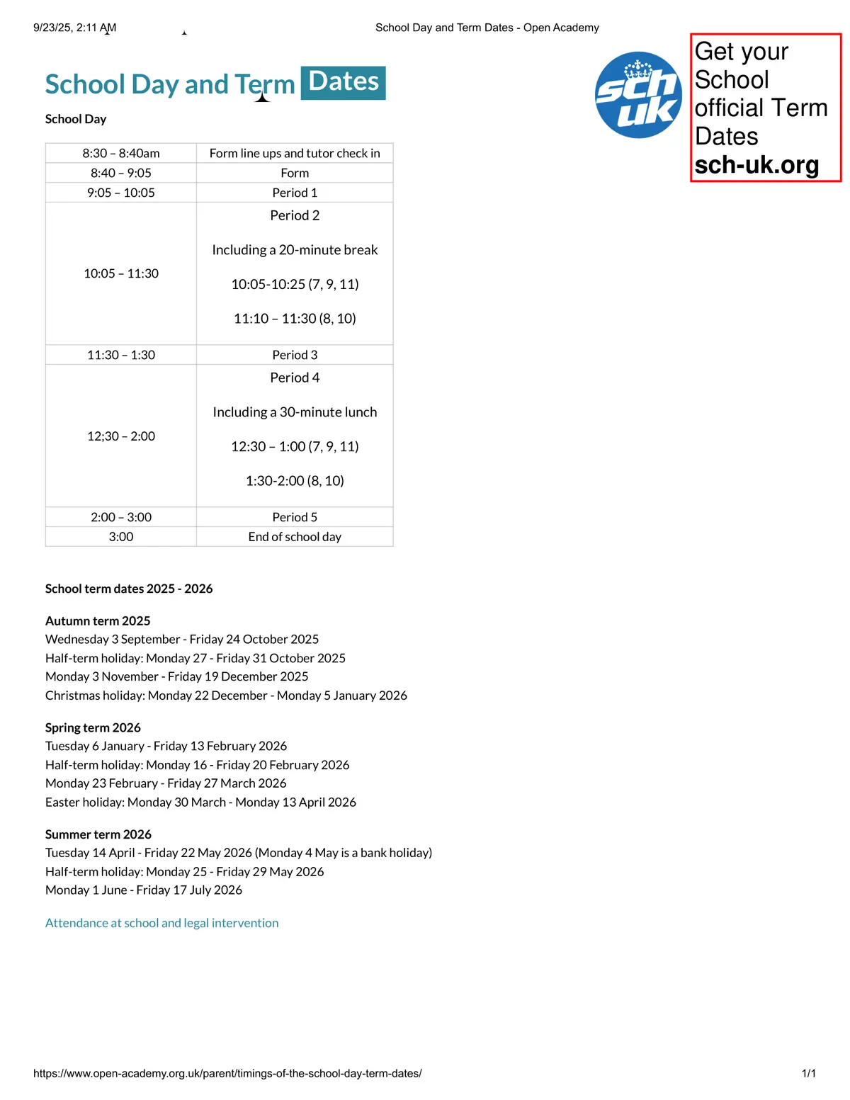 The Open Academy term dates