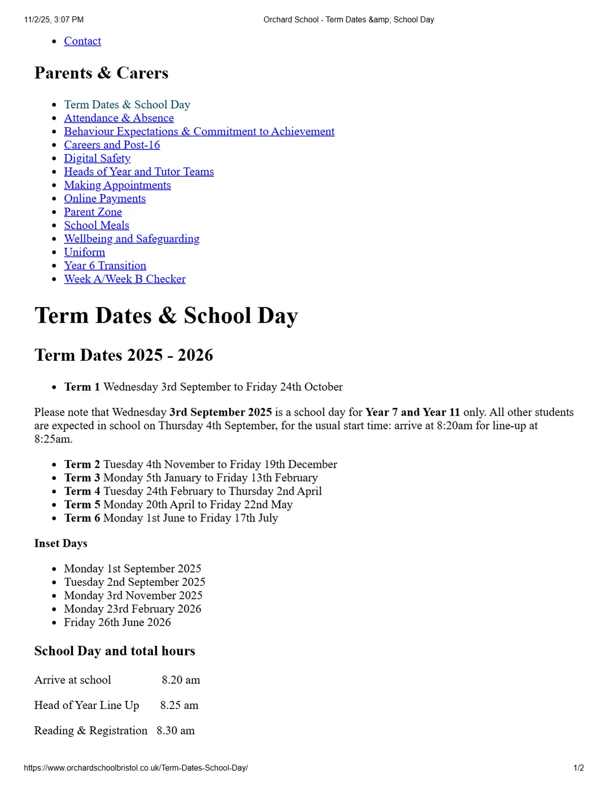 Orchard School Bristol term dates