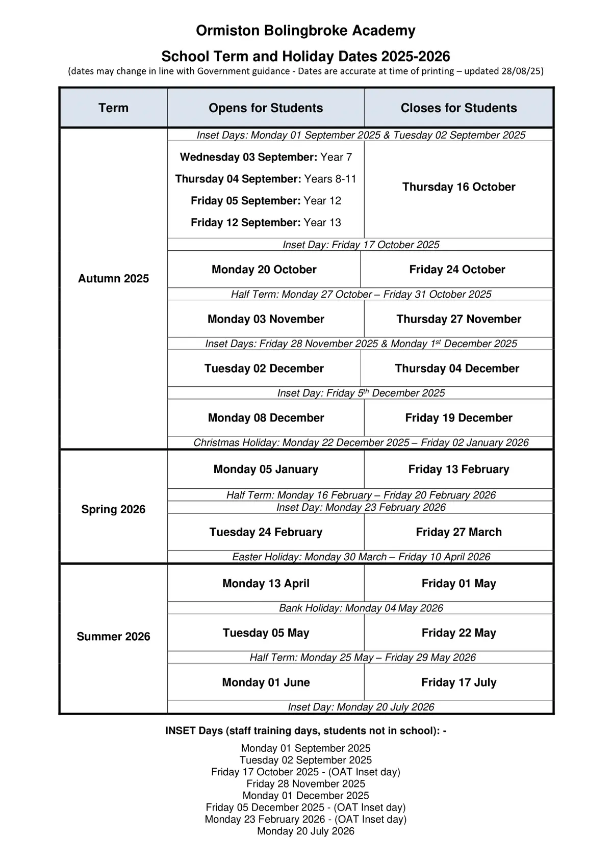 Ormiston Bolingbroke Academy term dates