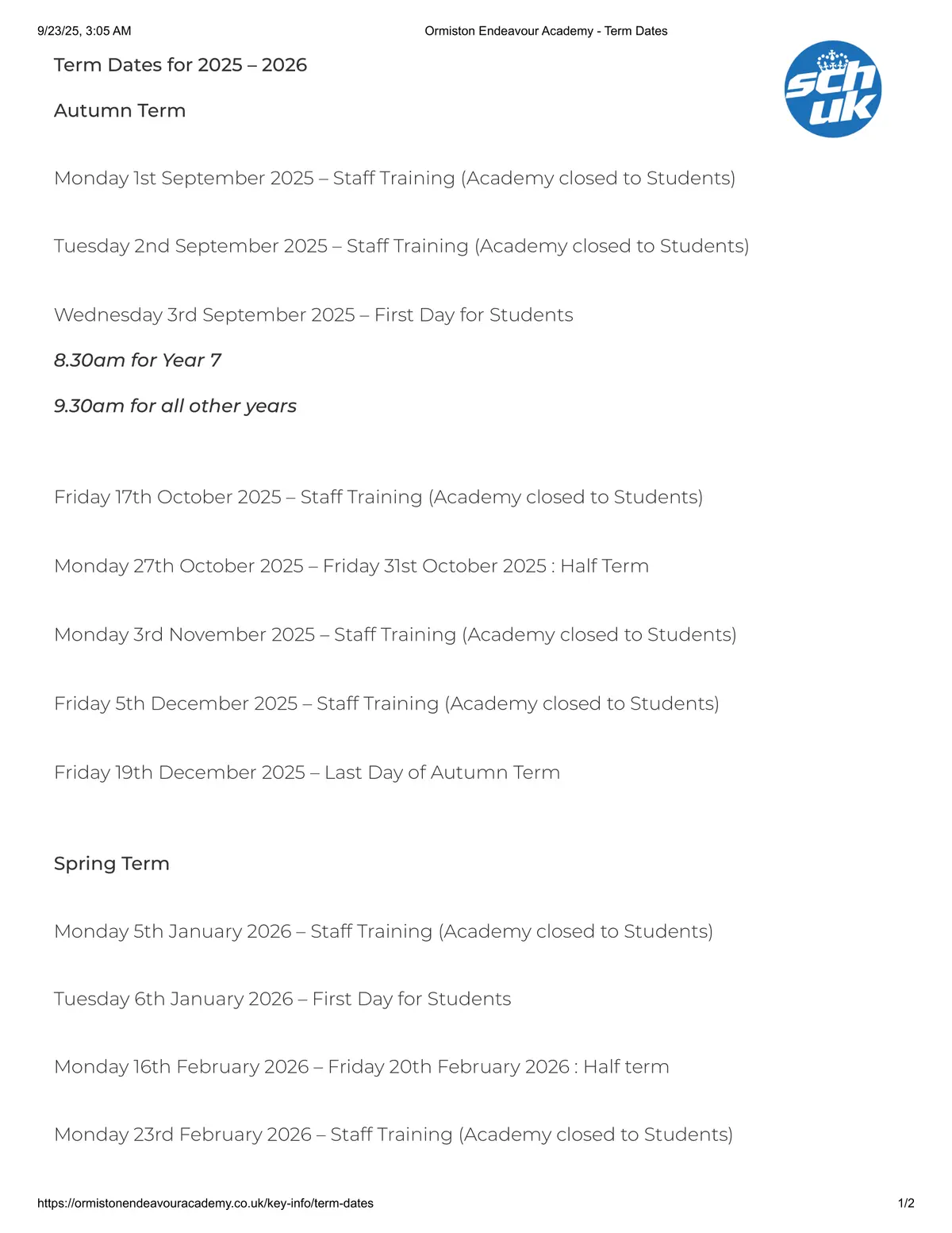 Ormiston Endeavour Academy term dates