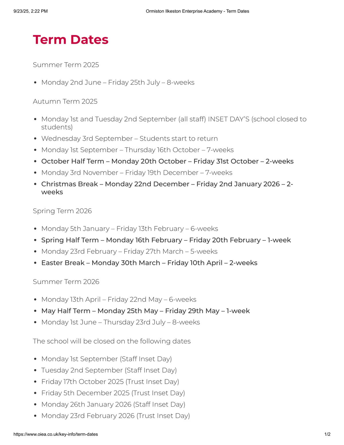 Ormiston Ilkeston Enterprise Academy term dates